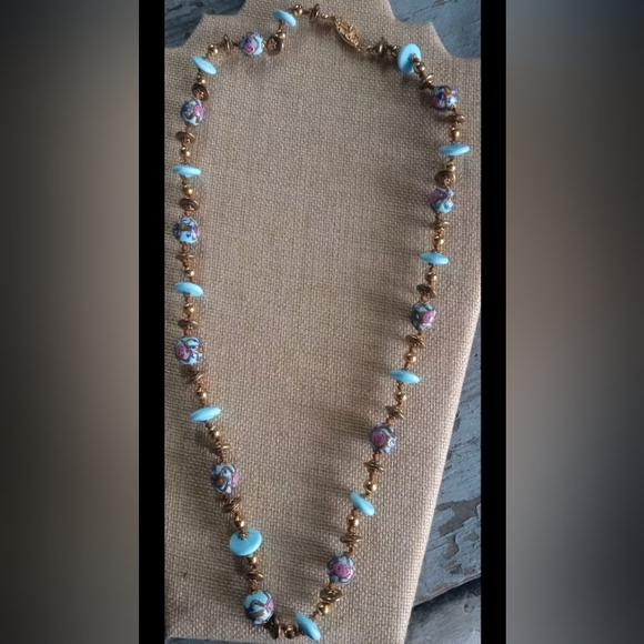 Wedding Cake Robin Egg Blue Glass Beaded Gold Tone Vtg 28" GORGEOUS Necklace - Picture 14 of 15